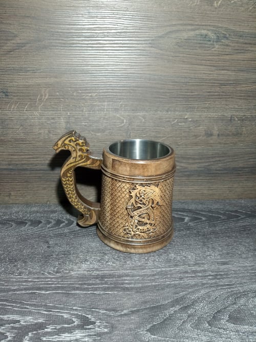 Image of Fenrir Wooden beer mug, Gift for him, Celtic beer tankard, 22oz, personalized gift, Vikings gift