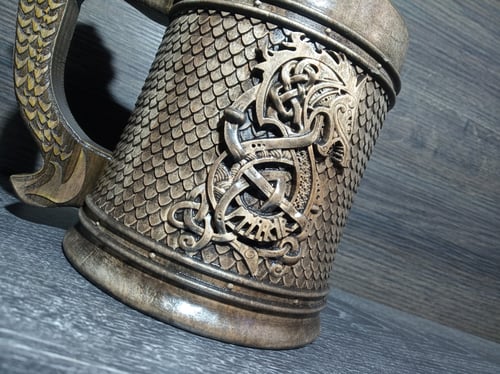 Image of Fenrir Wooden beer mug, Gift for him, Celtic beer tankard, 22oz, personalized gift, Vikings gift