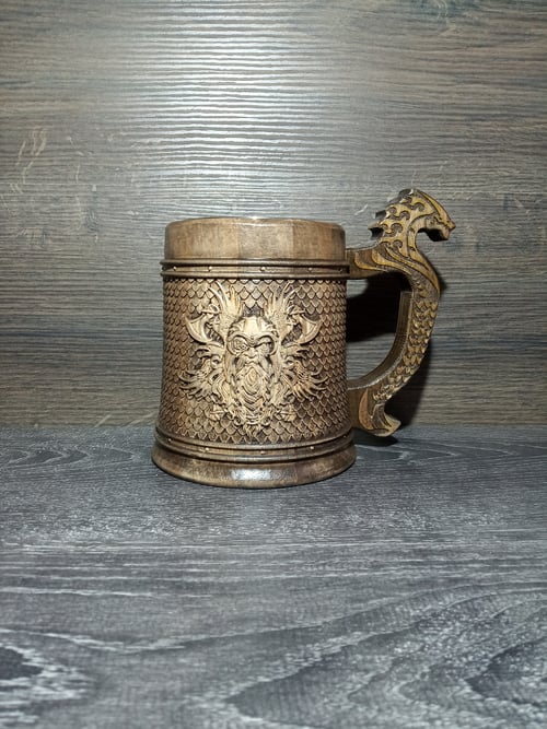 Image of Fenrir Wooden beer mug, Gift for him, Celtic beer tankard, 22oz, personalized gift, Vikings gift