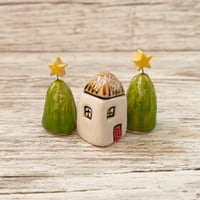 Image 2 of Handmade Ceramic Tiny House with Trees Set