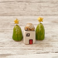 Image 1 of Handmade Ceramic Tiny House with Trees Set