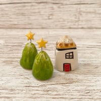 Image 1 of Handmade Ceramic Tiny House with Trees Set (2)