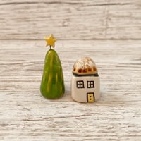 Image 1 of Handmade Ceramic Tiny House with Trees Set (3)