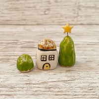 Image 1 of Handmade Ceramic Tiny House with Trees Set (4)