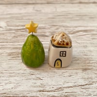 Image 1 of Handmade Ceramic Tiny House with Trees Set (5)