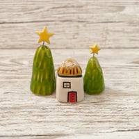 Image 1 of Handmade Ceramic Tiny House with Trees Set (6)