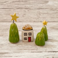 Image 1 of Handmade Ceramic Tiny House with Trees Set (8)