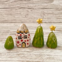 Image 1 of Handmade Ceramic Tiny House with Trees Set (9)