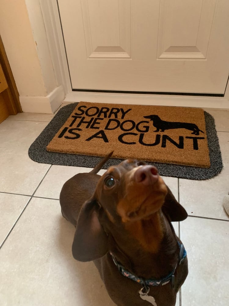 Image of Sorry the dog is a Cunt personalised dog breed coir door mat. Naughty dog / New home / House deco...