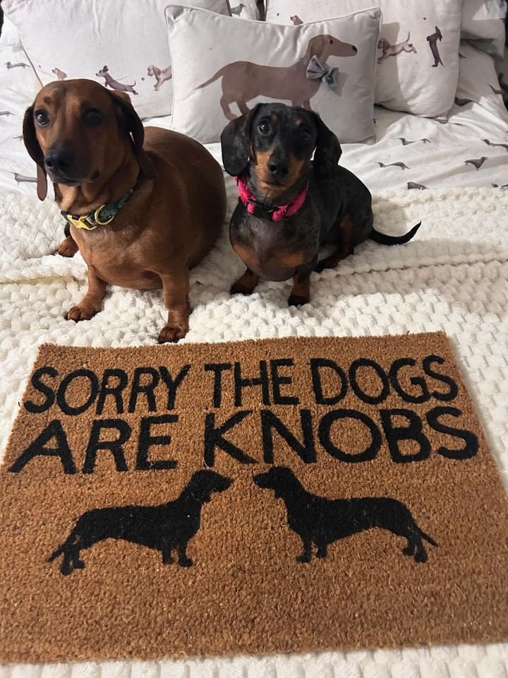 Image of Sorry the dogs are Knobs personalised dog breed coir door mat. Funny / unique / decoration / fall...