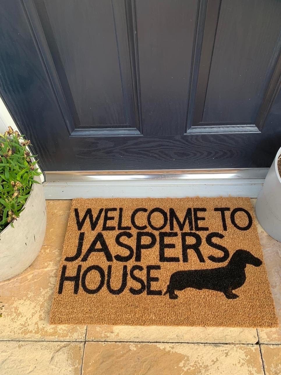 Image of Welcome to (dogs name) House hand painted door mat. Change the dog breed to anything you would li...