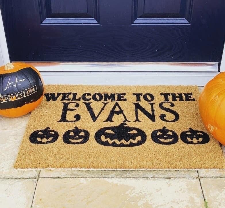 Image of Welcome to the (family name) - Pumpkins / Personalised Halloween door mat / autumn / fall / home ...