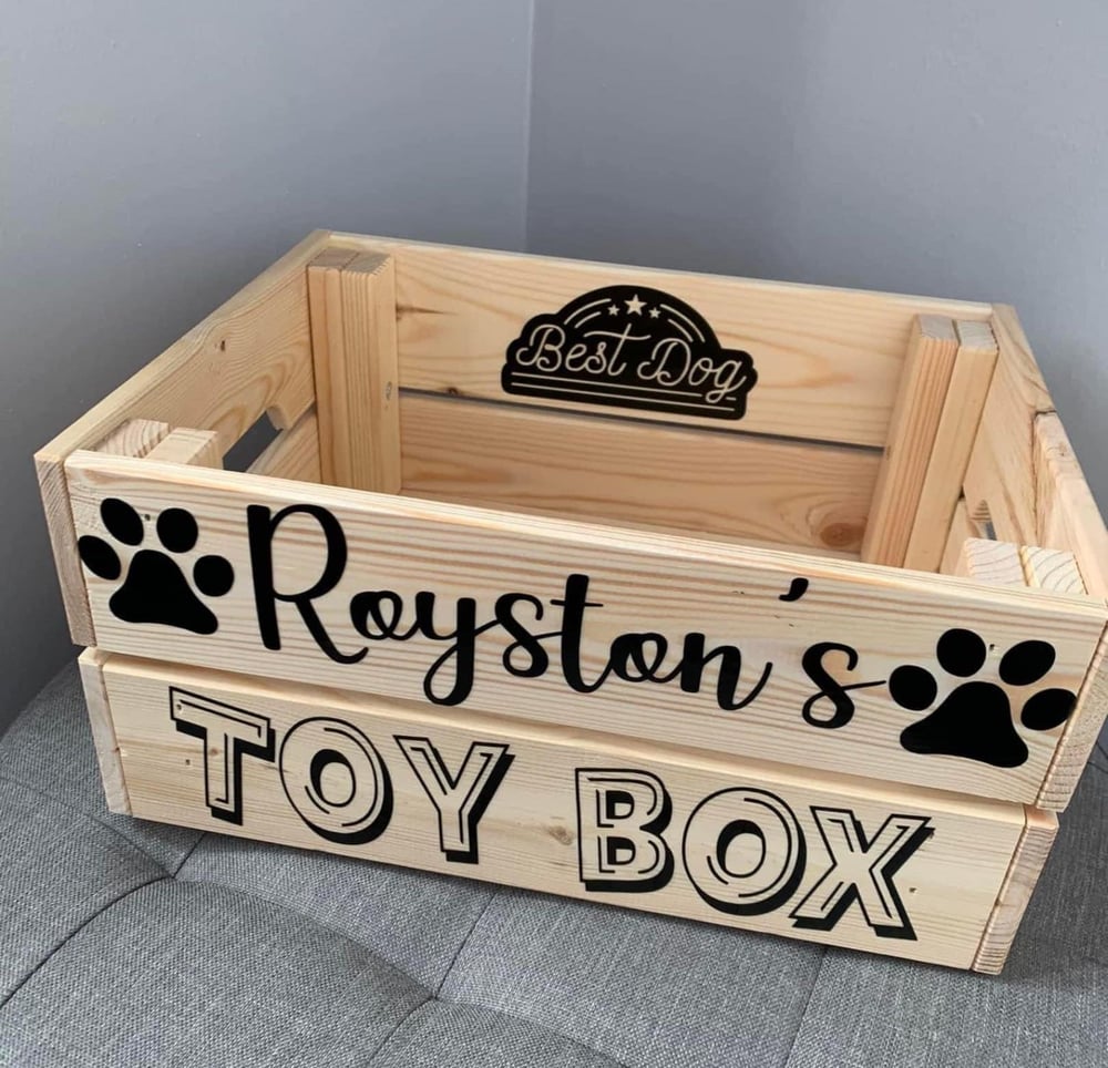 Image of Personalised dog puppy wooden toy crate storage box. Makes great birthday gifts. Personalised wit...