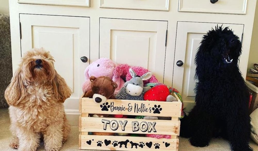 Image of Personalised dog puppy wooden toy crate storage box. Makes great birthday gifts. Personalised wit...