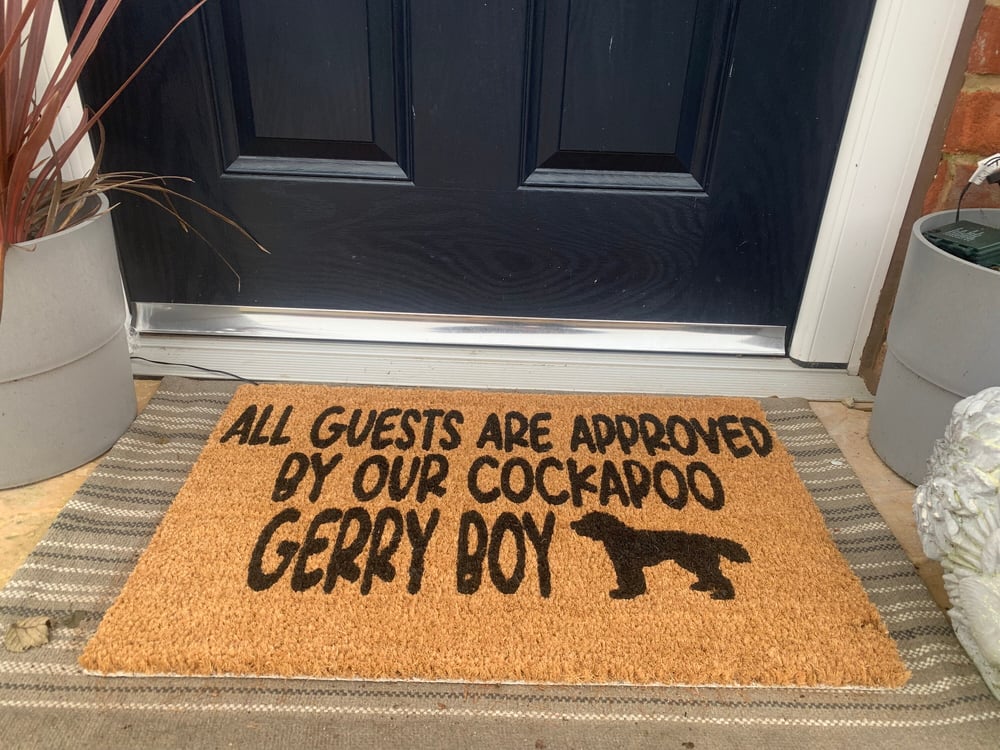Image of Personalised Cockerpoo dog door mat. New home / dog name / decoration / house / puppy