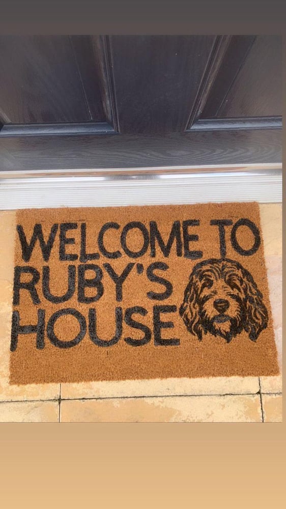 Image of Welcome to {dogs name and breed} house. Includes image of dog breeds face