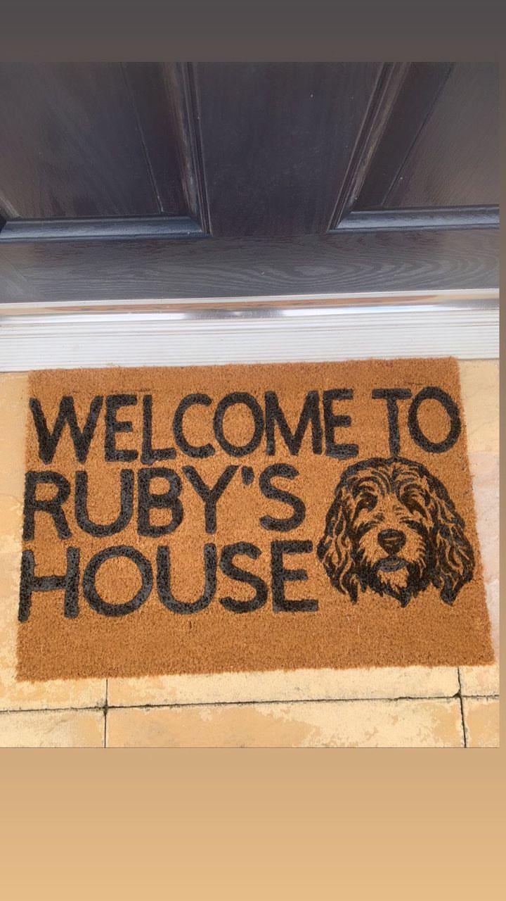 Image of Welcome to {dogs name and breed} house. Includes image of dog breeds face