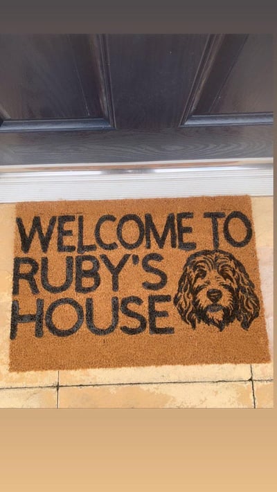 Image of Welcome to {dogs name and breed} house. Includes image of dog breeds face