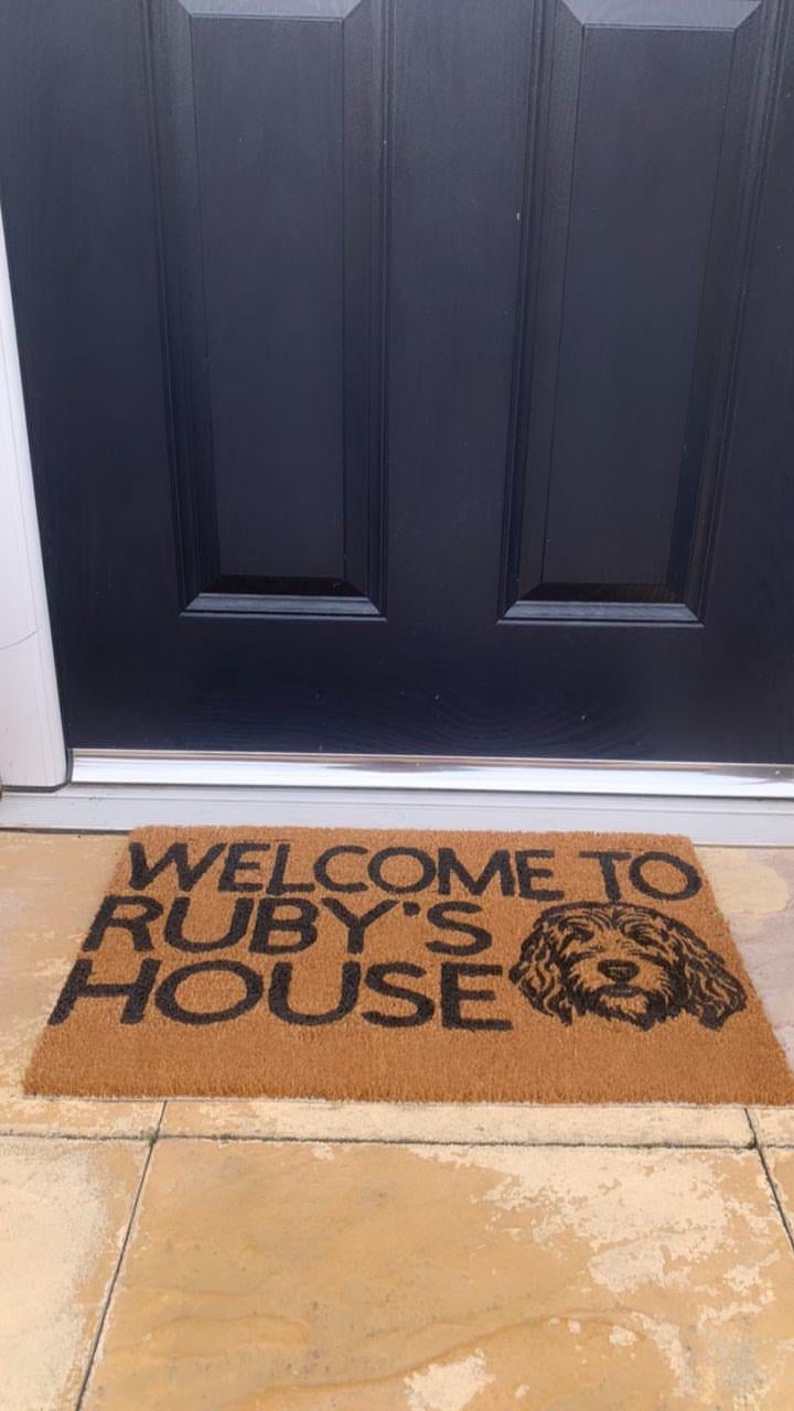 Image of Welcome to {dogs name and breed} house. Includes image of dog breeds face