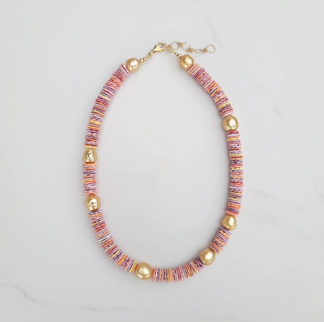 Rainbow Shell & 7 Gold Pearl Necklace