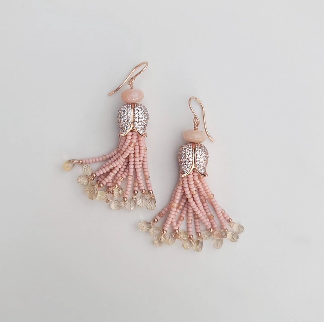 Pink Opal & Quartz Tassel Earrings 