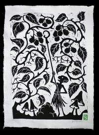 'Picking Blackberries' Green Stamp Lino Cut print