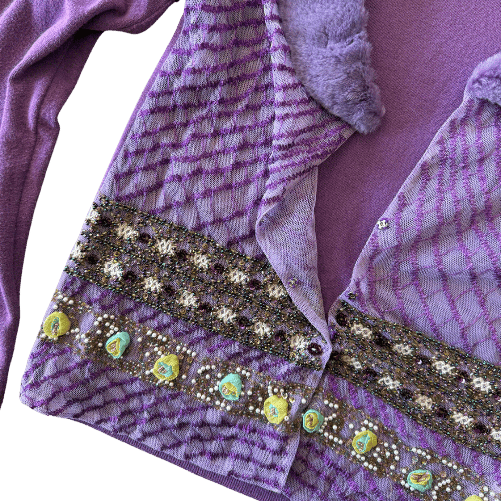 Image of BLUMARINE PURPLE FUR COLLAR BEADED CARDIGAN