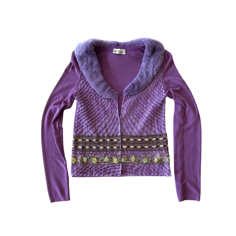 Image of BLUMARINE PURPLE FUR COLLAR BEADED CARDIGAN