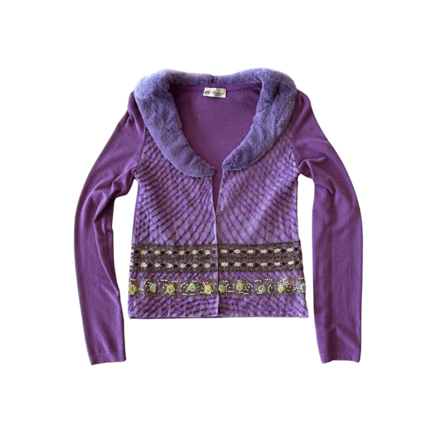 Image of BLUMARINE PURPLE FUR COLLAR BEADED CARDIGAN