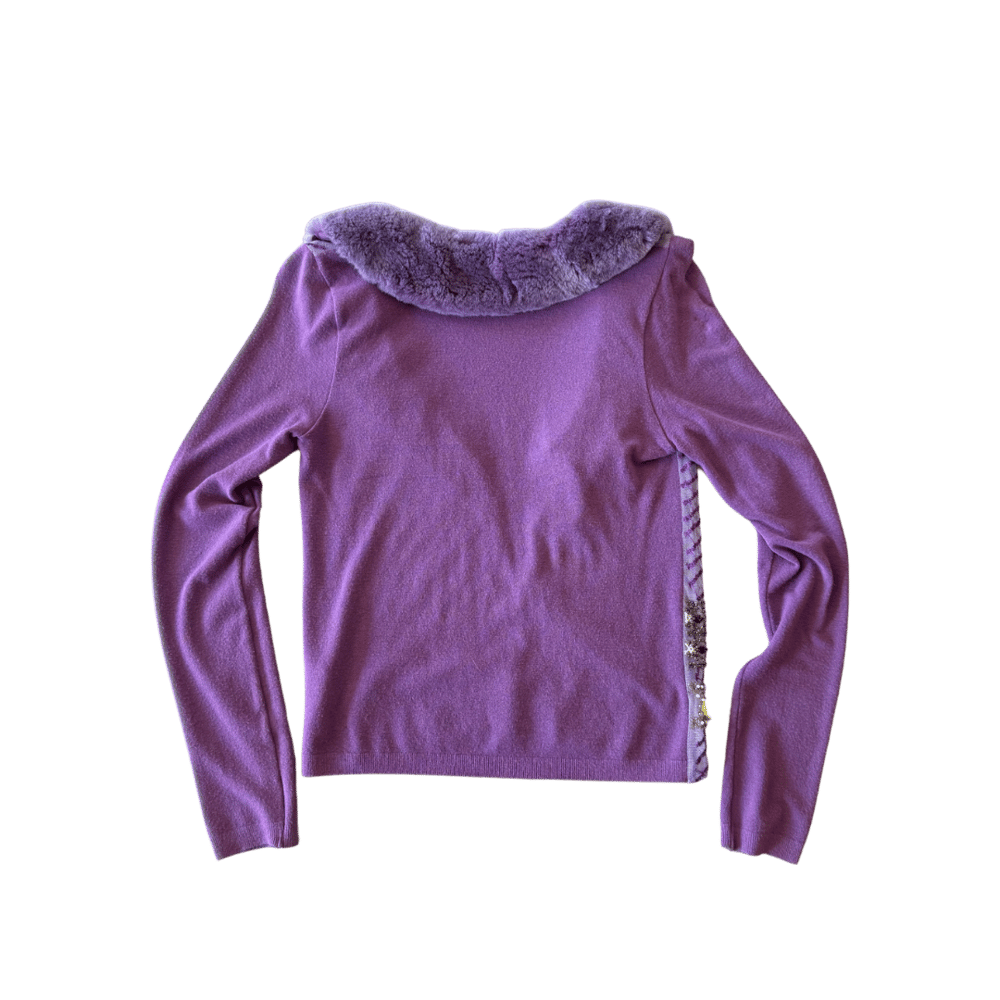 Image of BLUMARINE PURPLE FUR COLLAR BEADED CARDIGAN
