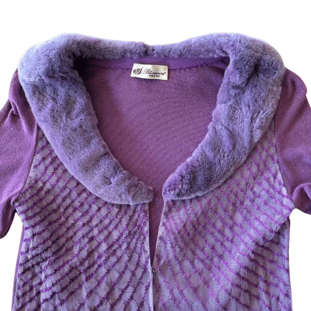 Image of BLUMARINE PURPLE FUR COLLAR BEADED CARDIGAN