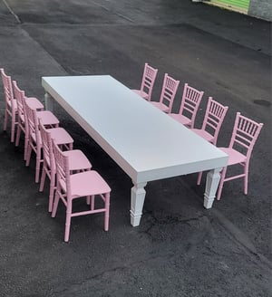 Image of Kids table  wood white ( seats 10 kids) 7 ft long , folding legs 