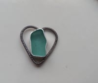 Image 5 of "Signature" Genuine Aqua Blue Sea Glass Pendant in a Textured Sterling Silver Heart-Shaped Surround