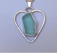 Image 3 of "Signature" Genuine Aqua Blue Sea Glass Pendant in a Textured Sterling Silver Heart-Shaped Surround