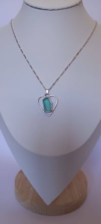 Image 2 of "Signature" Genuine Aqua Blue Sea Glass Pendant in a Textured Sterling Silver Heart-Shaped Surround