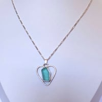 Image 1 of "Signature" Genuine Aqua Blue Sea Glass Pendant in a Textured Sterling Silver Heart-Shaped Surround
