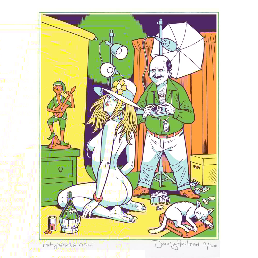 Image of “PHOTOGRAPHER & MODEL,” Signed, Ltd Ed DayGlo Screen Print by Danny Hellman