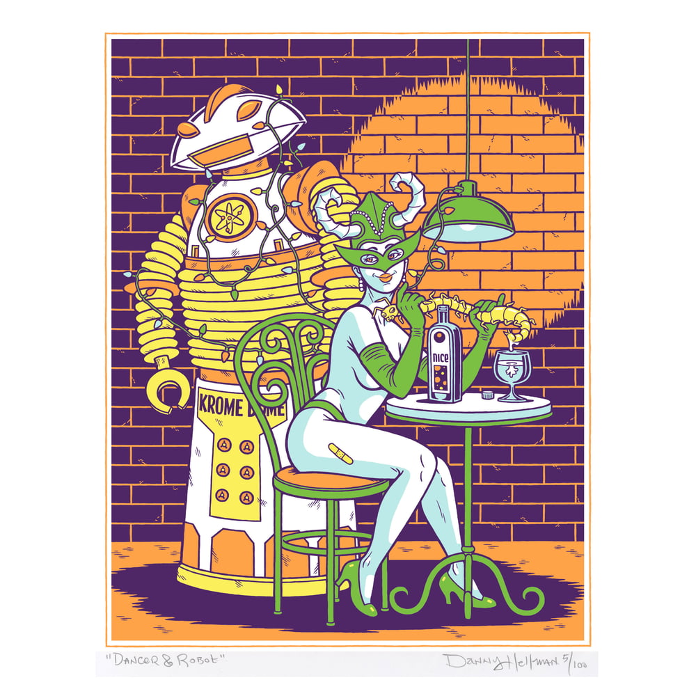 Image of “DANCER WITH ROBOT,” Signed, Ltd Ed DayGlo Screen Print by Danny Hellman