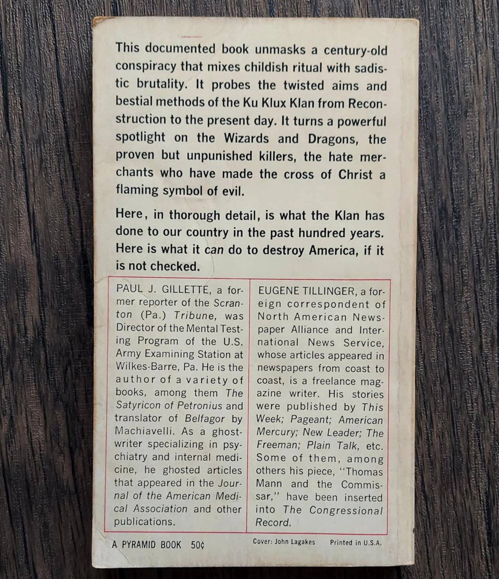 Inside Ku Klux Klan, by Paul J Gillette and Eugene Tillinger