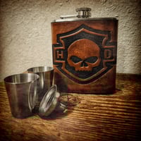 Image 2 of Harley Davidson hand tooled leather flask set