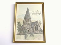 Image 1 of Vintage Lake District Watercolour Painted Print, Ambleside St Mary's Church by Peter Andrew, Framed