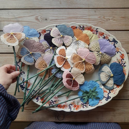 Image of Bright blue, dusty purple and cream fabric Pansy