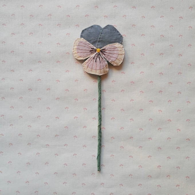 Image of Dusty grey blue, light purple and cream fabric Pansy