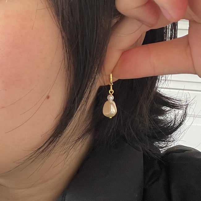 layered pearl nugget gold huggie hoop earrings