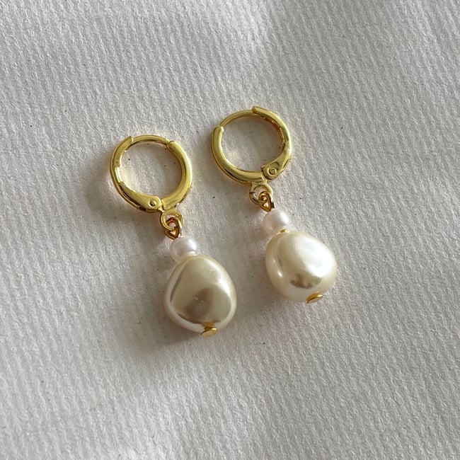 layered pearl nugget gold huggie hoop earrings