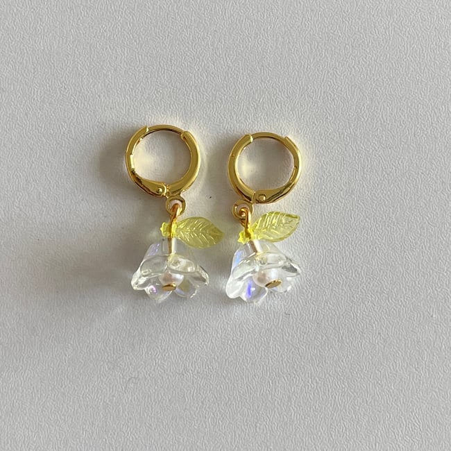 gold glass floral huggie hoop earrings