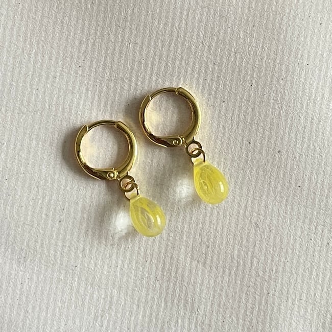 striped yellow raindrop gold huggie hoop earrings
