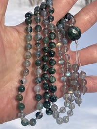 Image 6 of Golden Ratio Mala Necklace Moss Agate Rainbow Labradorite Seraphinite 108 Bead Hand Knotted