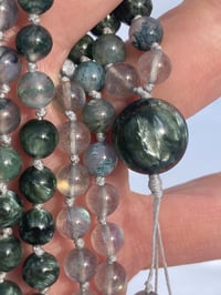 Image 7 of Golden Ratio Mala Necklace Moss Agate Rainbow Labradorite Seraphinite 108 Bead Hand Knotted