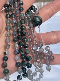 Image 8 of Golden Ratio Mala Necklace Moss Agate Rainbow Labradorite Seraphinite 108 Bead Hand Knotted